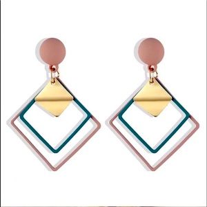 New Geometric 9k Gold Green & Tan Ceramic Diamond Shaped Stud Earrings